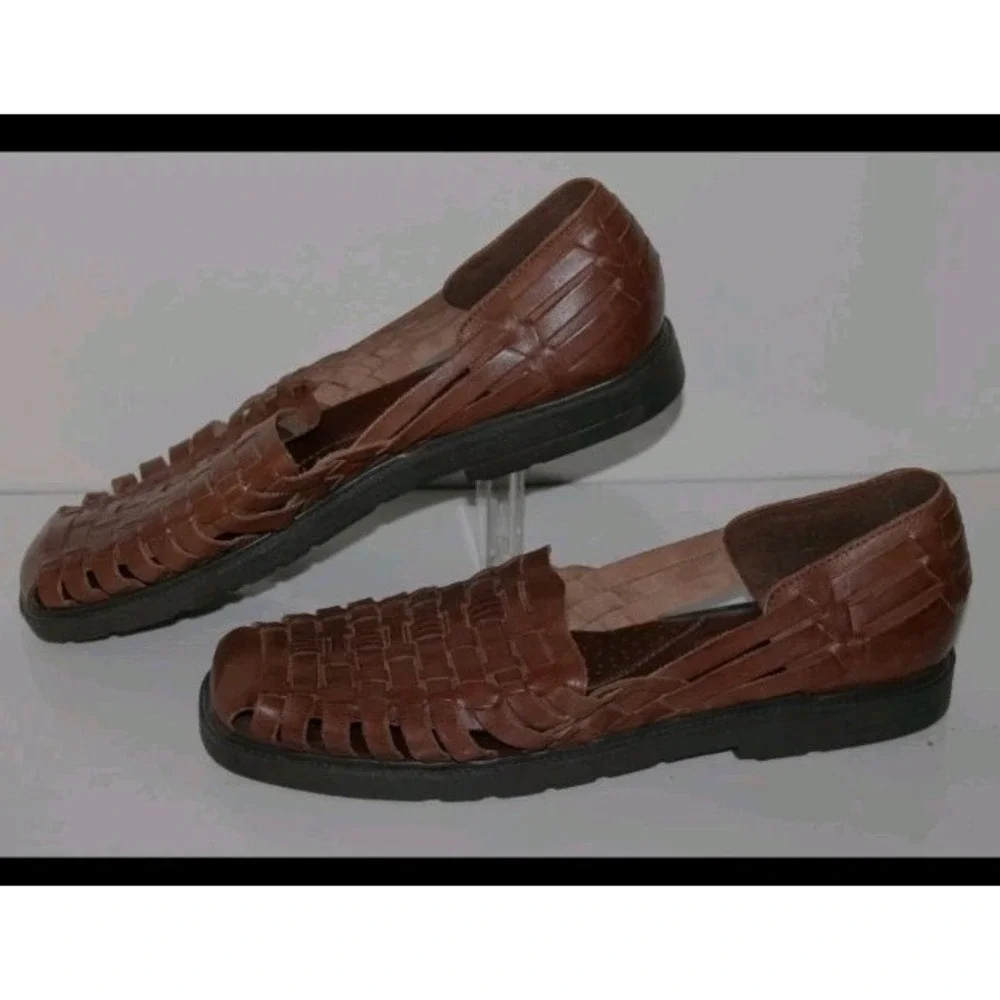 Stacy Adams Woven Huarache Sandals 9.5 Brown Leather Slip On Resortwear Vacation